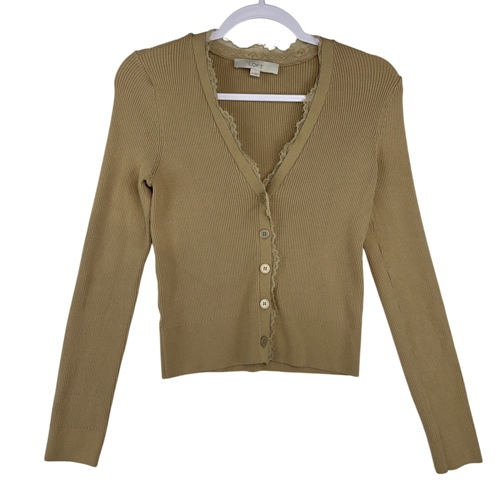 Loft Tan Ribbed Knit Lace Trim V-Neck Button Front Cardigan Sweater Womens M